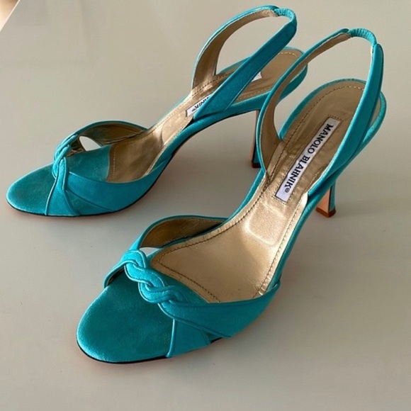 Manolo Blahnik Shoes - Manolo Blahnik Turquoise Suede w/ Tonal Leather Trim Slingback